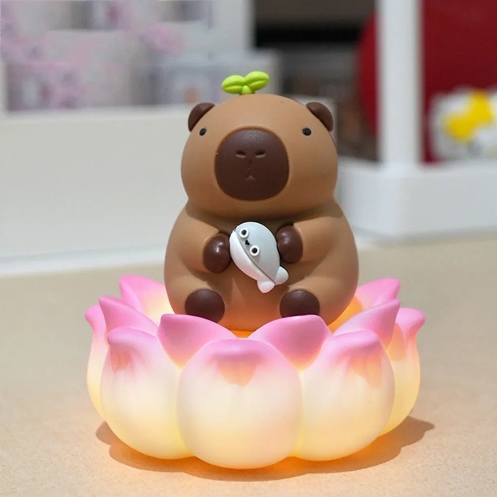 Lotus Base Capybara Figure Toys with Lights Figure Simulation Capibara Model Model Cute Capybara Animals Figures Children Toys