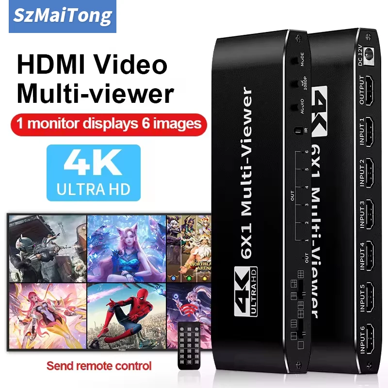 6 스크린 4K HDMI 멀티 뷰어, 스위처 포함 원활한 스위칭, 적외선 리모컨, 6 인 1 아웃 카메라 모니터, 6x1