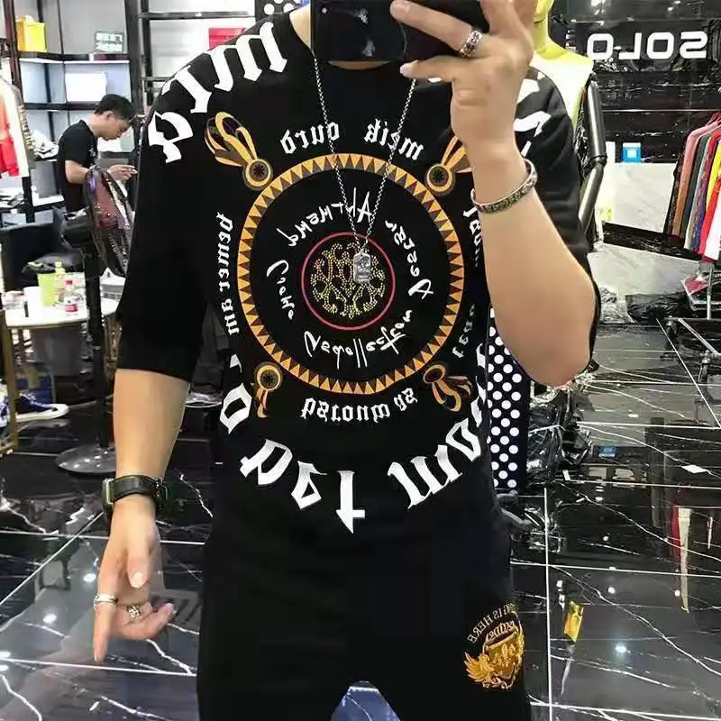 Fashion O-Neck Diamonds Letter Printed T-Shirt Men\'s Clothing 2023 Summer New Oversized Casual Pullovers Loose Korean Tee Shirt