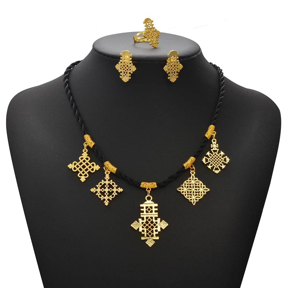 Anniyo Ethiopian Cross Pendant Black Rope Earrings Ring Sets African Eritrean Religion Wedding Party @343806