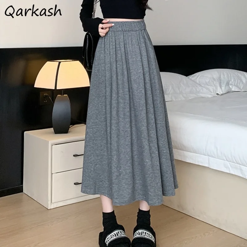 

Elastic Waist Skirts for Women Mid-calf Solid All-match Korean Style Summer Clothing Casual Loose High Street Students Leisure