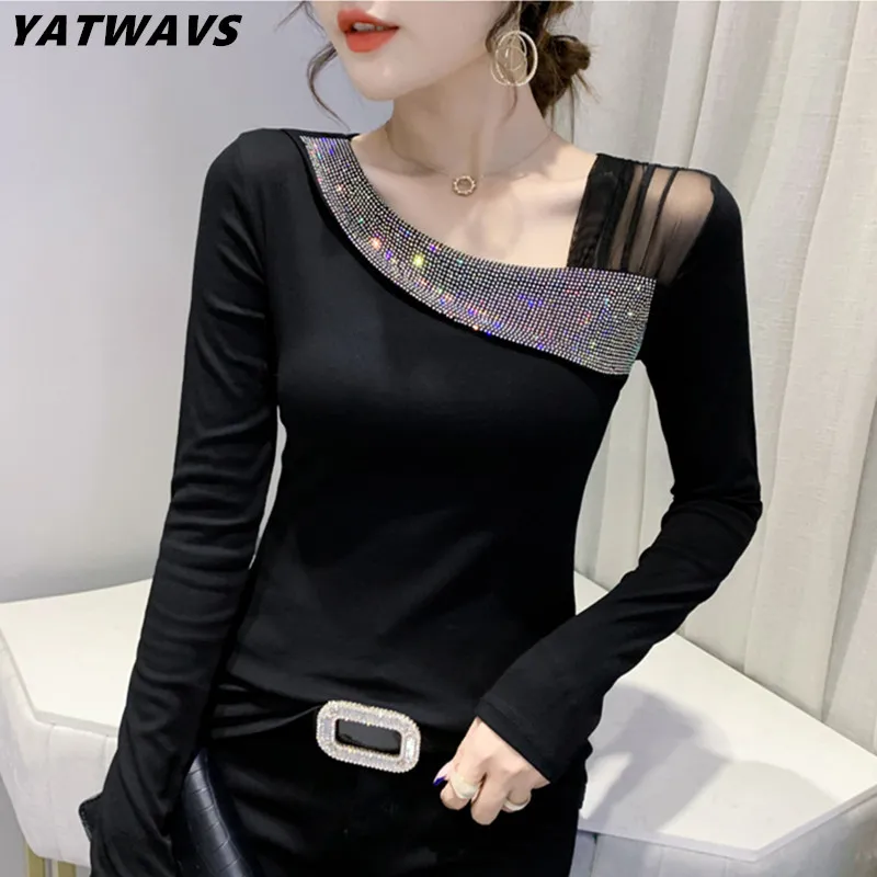 

Autumn European Clothes Streetwear T-Shirt Fashion Sexy Skew Collar Patchwork Mesh Shiny Diamonds Women Cotton Tops Tees Blusas