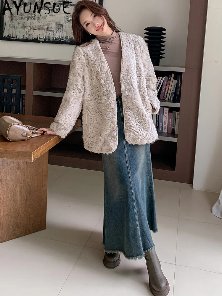

AYUNSUE пальто из натуральной шерсти, женская зимняя одежда, корейская модная куртка из овечьей овчины, женская Пальто Женское, новинка в верхней одежде