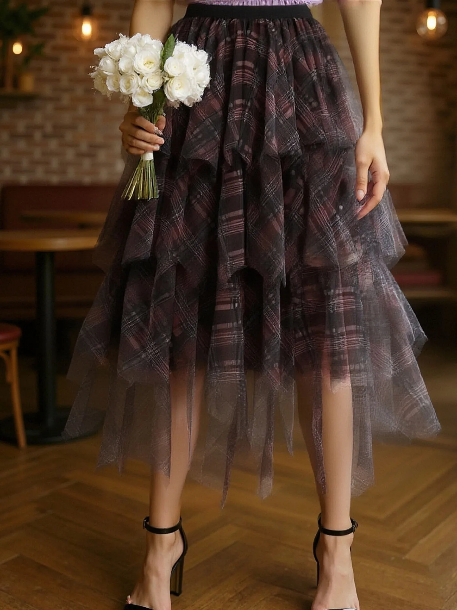 

Big Swing Summer 2025 New Arrival Women's Midi Skirt Mesh Layered Ruffle Cake Casual Asymmetrical Polyester Loose Fit Skirts