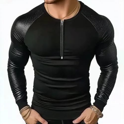 Imagen 2 del producto 2025 Camiseta ajustada básica con cremallera para hombre, camiseta informal ajustada, ropa de calle cómoda y transpirable, Top de manga corta para uso diario