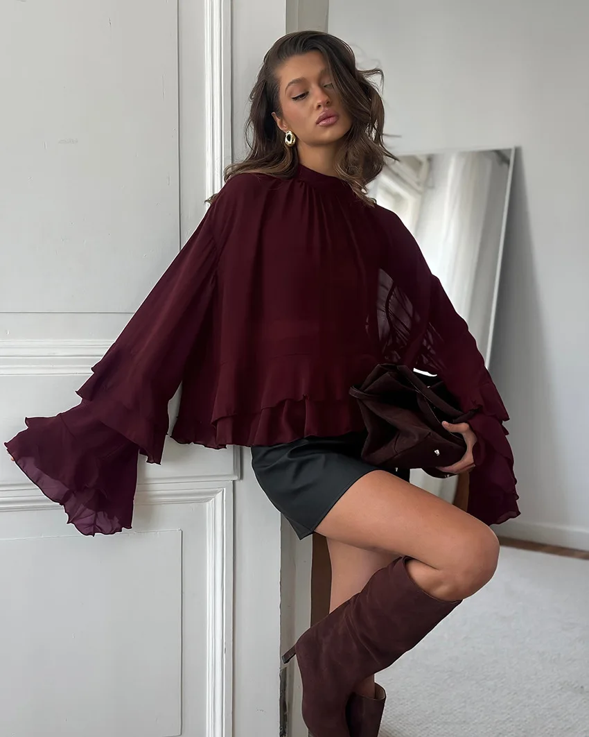 

Women's Solid Color High Neck Blouse Long Ruffled Layered Sleeve Oversized Shirt Top Stylish Casual Outfit For Daily Dates