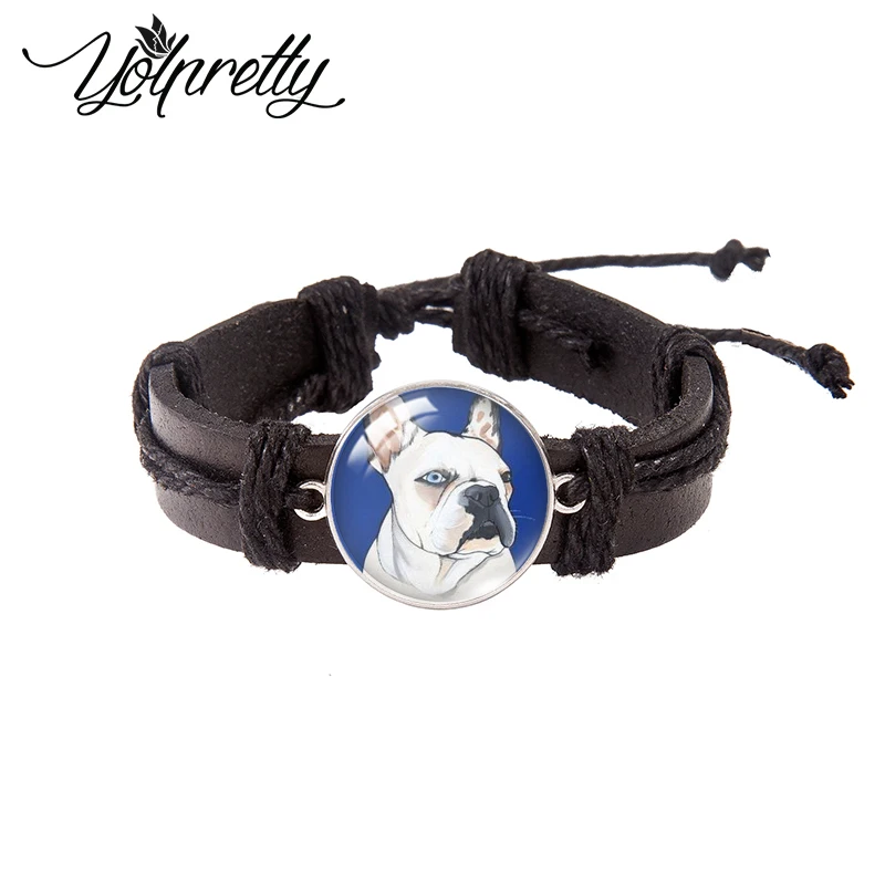 2023 French Bulldog Pattern Lace-up Leather Bracelet Glass Cabochon Charm Pendants Jewelry for men