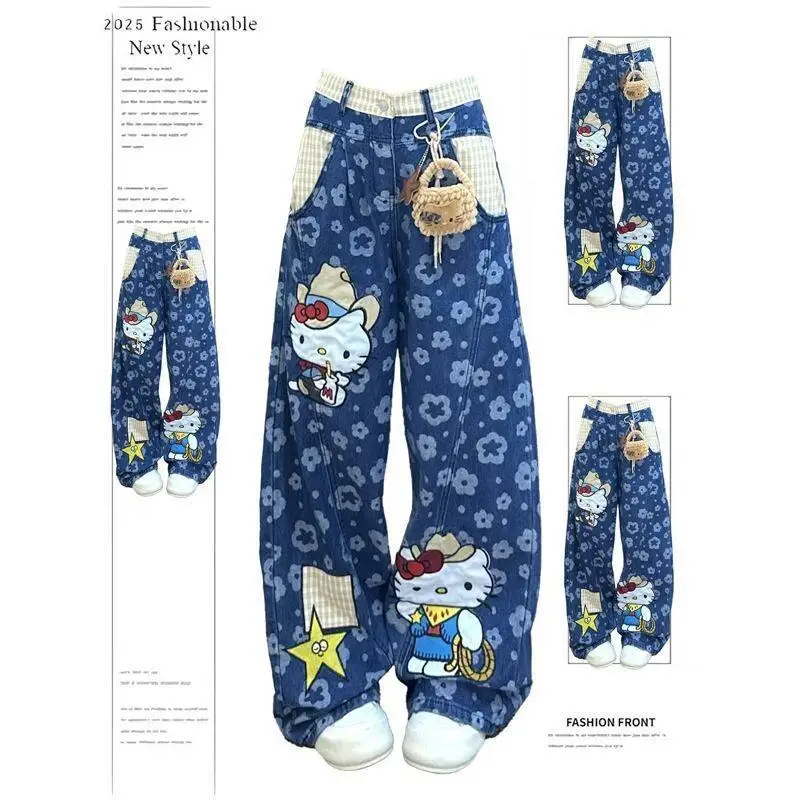 

Женские джинсы Sanrio Hello Kitty с широкими штанинами, осенне-зимние модные трендовые свободные облегающие прямые брюки в пол