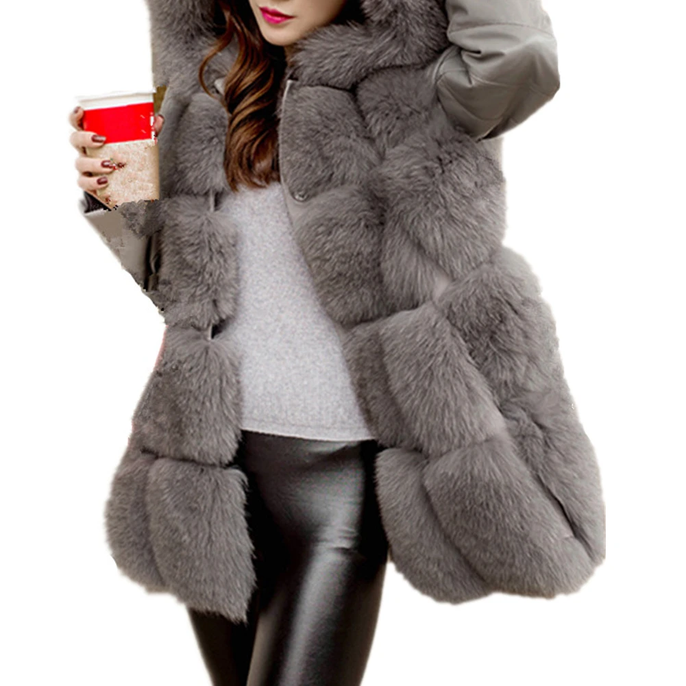 Women Winter Overcoat Outwear PU Leather Removable Sleeves Faux Fur Coat With Hooded Thick Warm Faux Fox Fur Jacket
