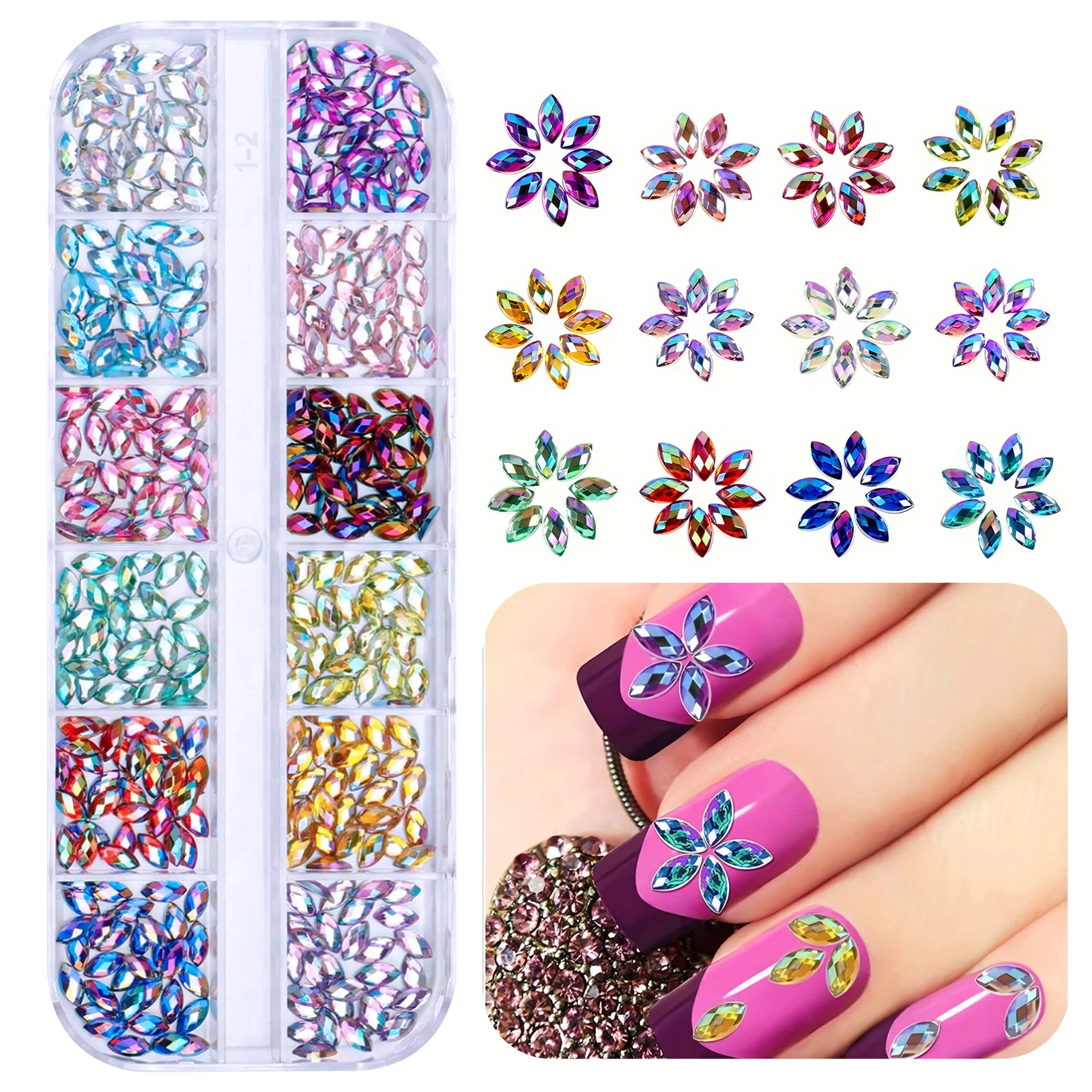 12 grid Glitter Acrylic Horse Eye  Rhinestones Nails Crystals Beads Strass rhinestones for dress vestidos Dress Nail Art