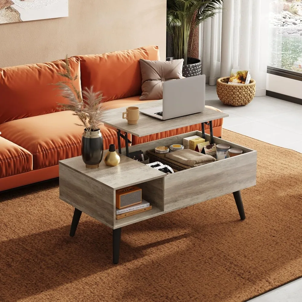 Rising Storage Coffee Table for Living Room, Small Wooden Lift-Top Dining Table with Storage Space, Versatile Center Table with
