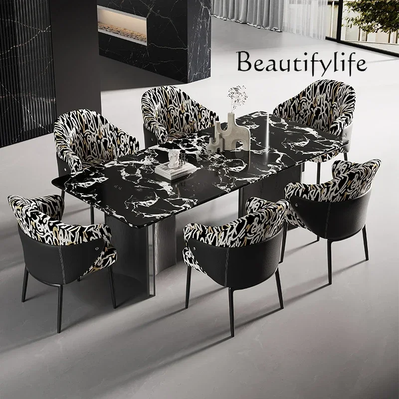 hh Marble dining table Super crystal stone black and white dining table Italian light luxury long table restaurant home