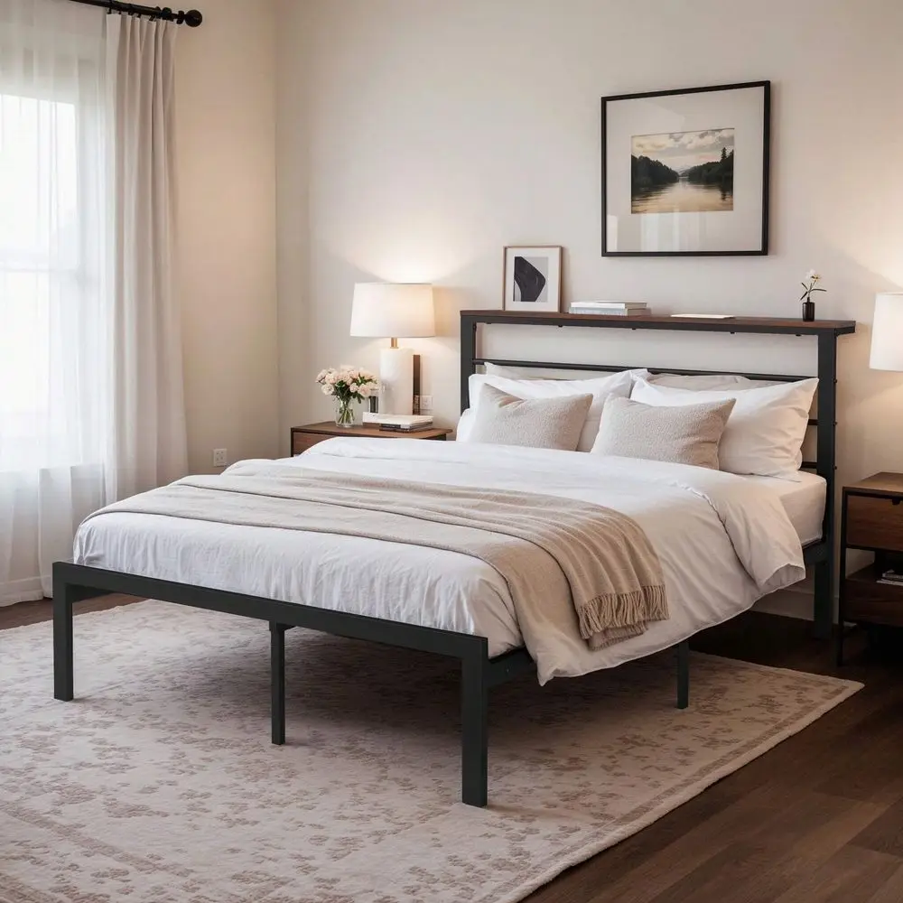 

4 Sizes Metal Platform Bed Frame With Vintage Headboard Shelf, Heavy Duty Platform Bed Frame With Strong Metal Foundation, No B