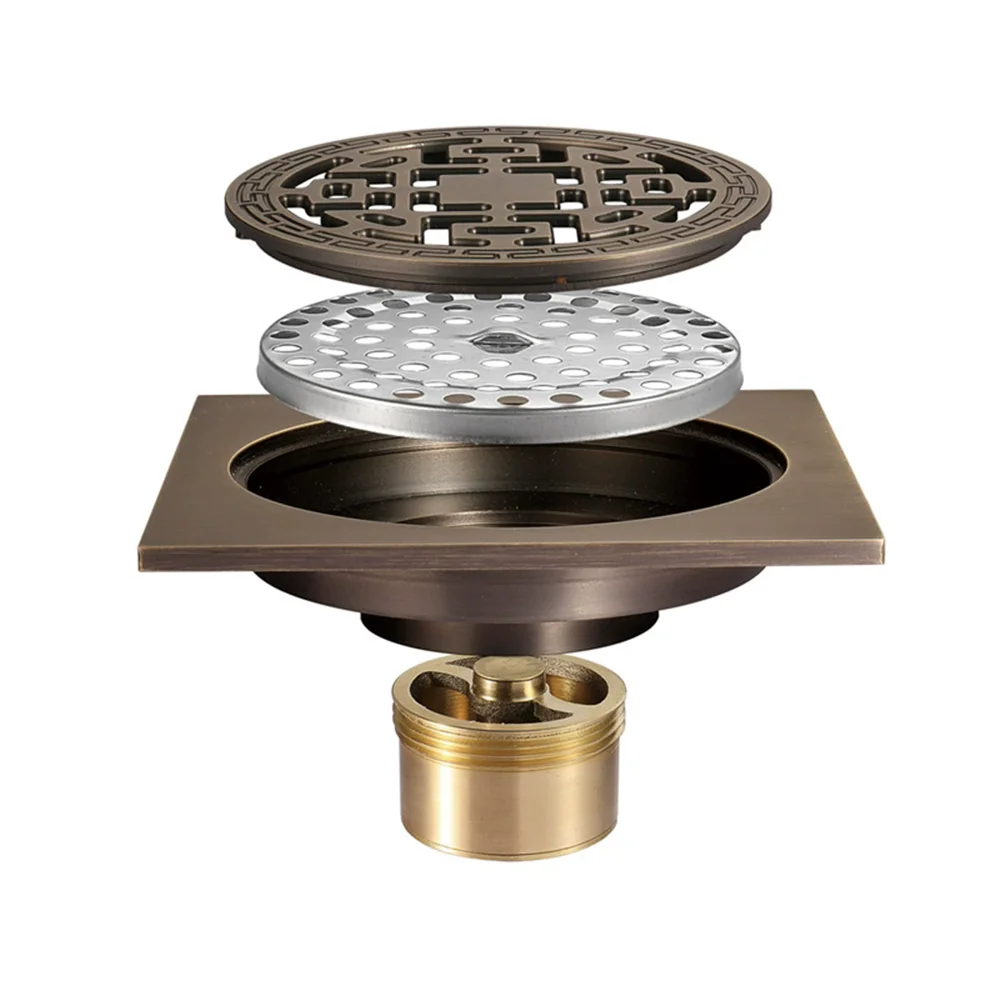 Antique Floor Drains 10x10cm Brass Shower Floor Drain Bathroom Deodorant Euro Square Floor Drain Strainer Cover Grate Waste