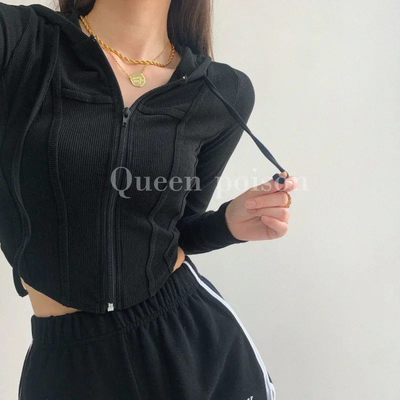 Knitted Zip Up Crop Top Slim Short Hoodies Sexy Cropped Cardigan Irregular Cut Knit Jackets Korean Fashion Female Autumn Coats