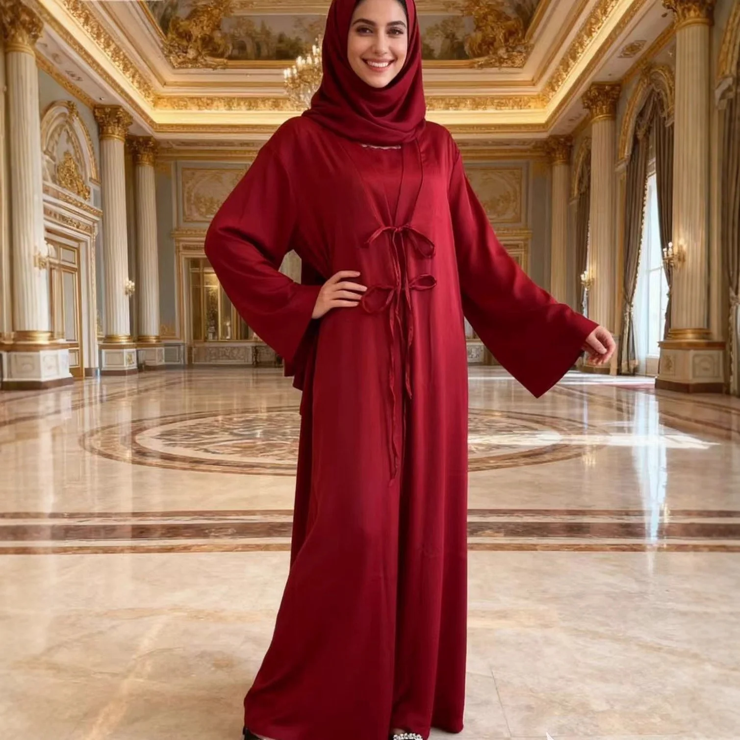 

Ид женское платье Абая комплект из 2 предметов Джалабия Рамадан кардиган Vestidos шифоновые платья костюм на шнуровке арабский длинный халат марокко кафтан