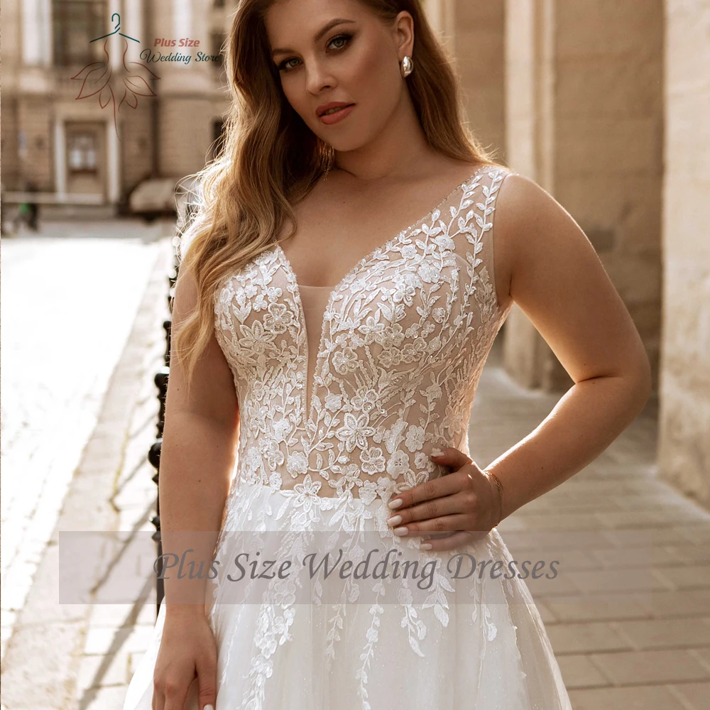 Vestidos clássicos de casamento A-Line, Plus Size, Decote V, vestidos de noiva sem mangas, apliques, lantejoulas, túnica, 2024