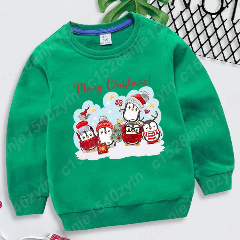 Cute Penguin Merry Christmas Sweatshirt Creative Children Autumn Winter Round Neck Hoodless Pullover Kids Boys Girls Casual Tops