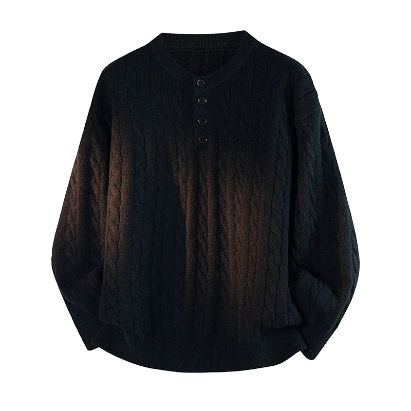 Grey Thick Thread Henry Neck Sweater for Men's Autumn Fashion Brand Lazy Fried Dough Twists Knits