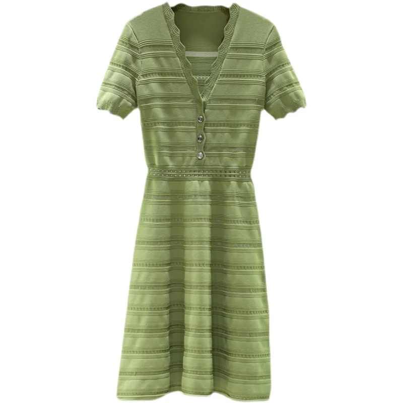 Spring  Women's OL Sle Floral Lace Trim Waist Cinching Hollow out Dr V-Ne A-Line Skirt ort Sve Button Detail