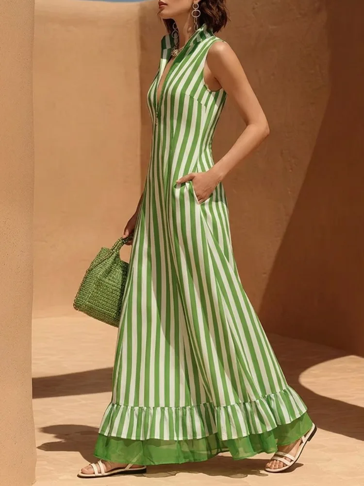 Yeezzi Damen Französischer Stil Gestreiftes A-Linien-Kleid mit Reißverschluss 2026 Neu Ärmellos Mehrlagiger Rüschensaum Stehkragen Abend-Maxikleid – Detail 5