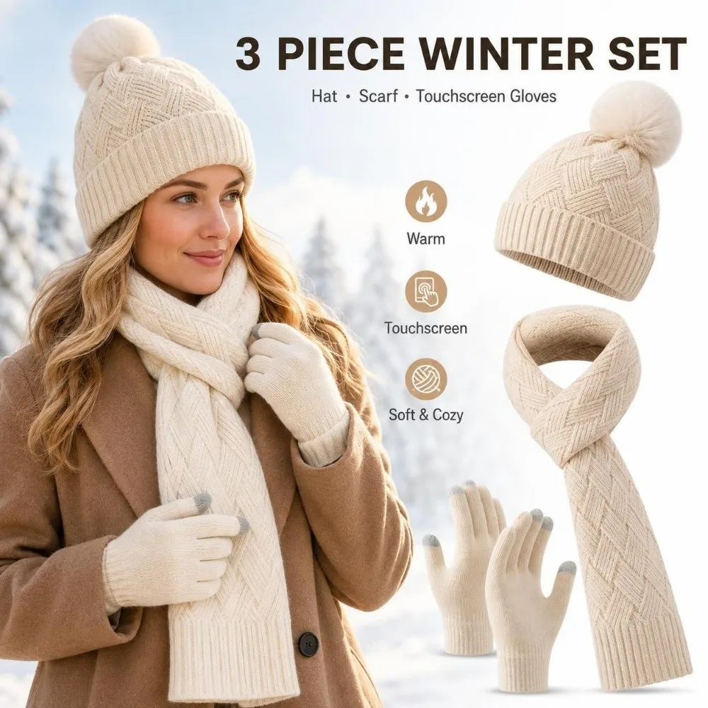 3Pcs/Set Warm Winter Hat Scarf Gloves Set Thicken Windproof Knit Beanie Snood Set Touchscreen Knitted Touchscreen Gloves Unisex