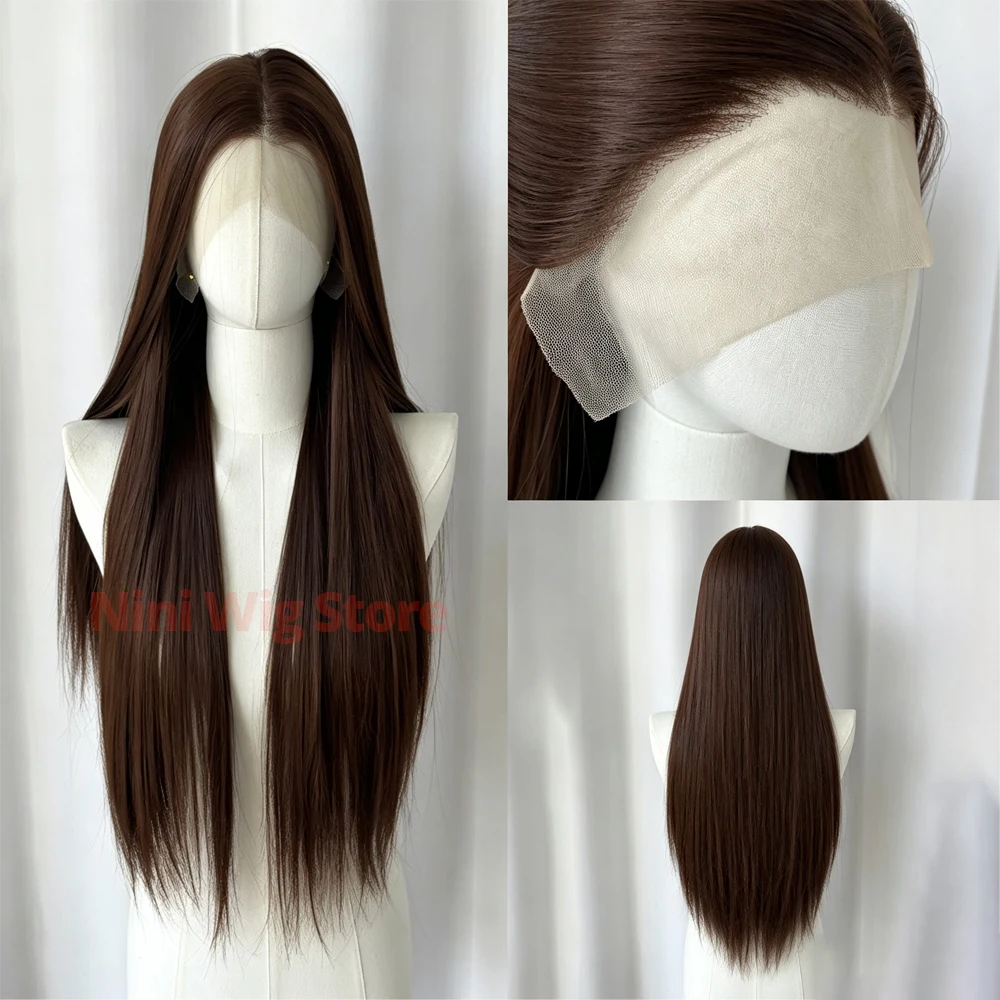 13*4 Cosplay Lace Wig For Women Brown Long Straight Synthetic Lace Front Wig Heat-resistant Lolita Halloween Daily Party Use Wig