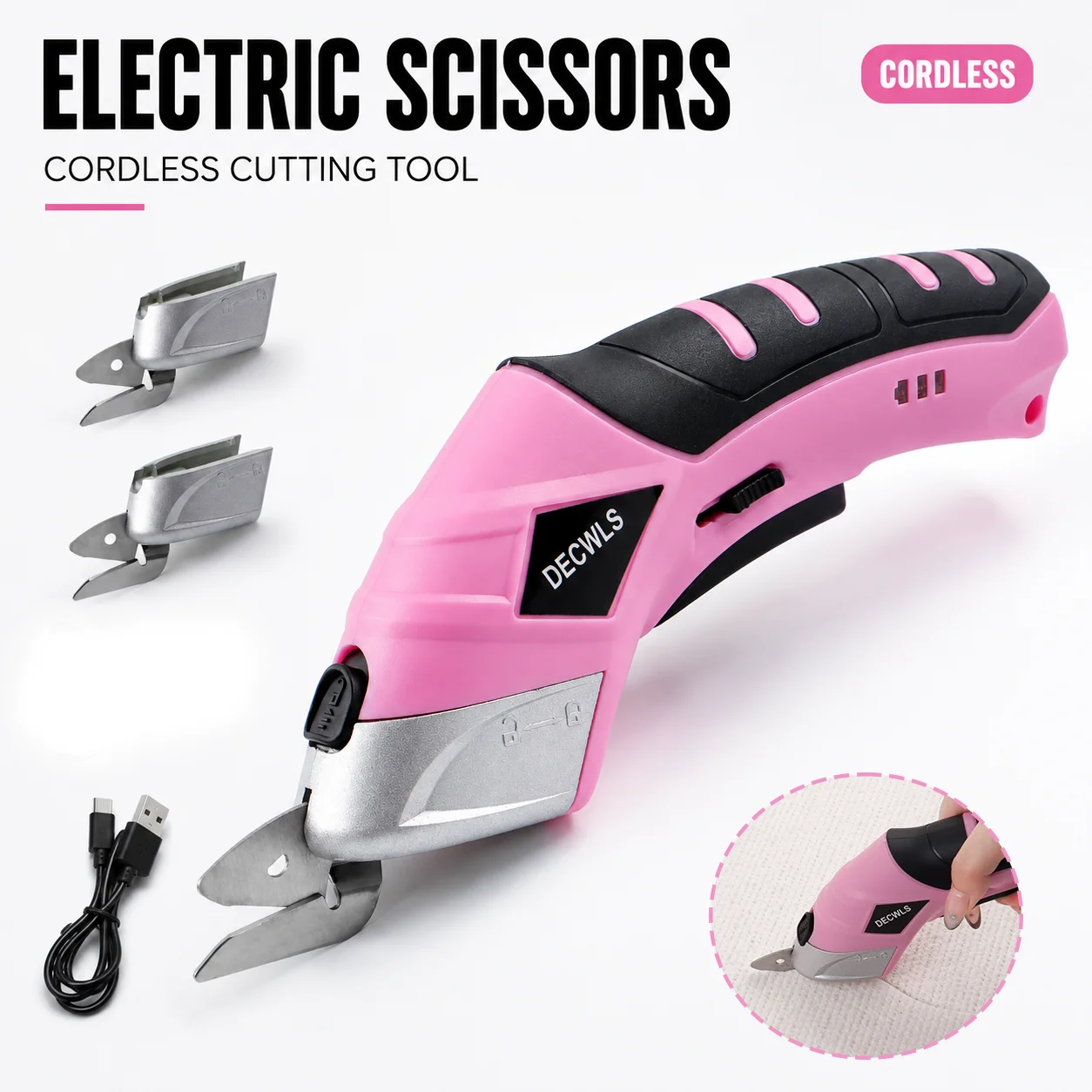 4V Cordless Electric Scissors Handheld Fabric Scissors with 3 Blades Safety Lock Tailor's Tools for DIY Leather/Fabric/Crafts/Carpets/Cardboard Cutting