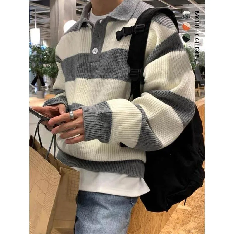

Men's Stripe Knit Shirt Cross-Border Knitted Sweater Easy Care Non-Shrinking Other Fabric Other Design Women's Fashion
