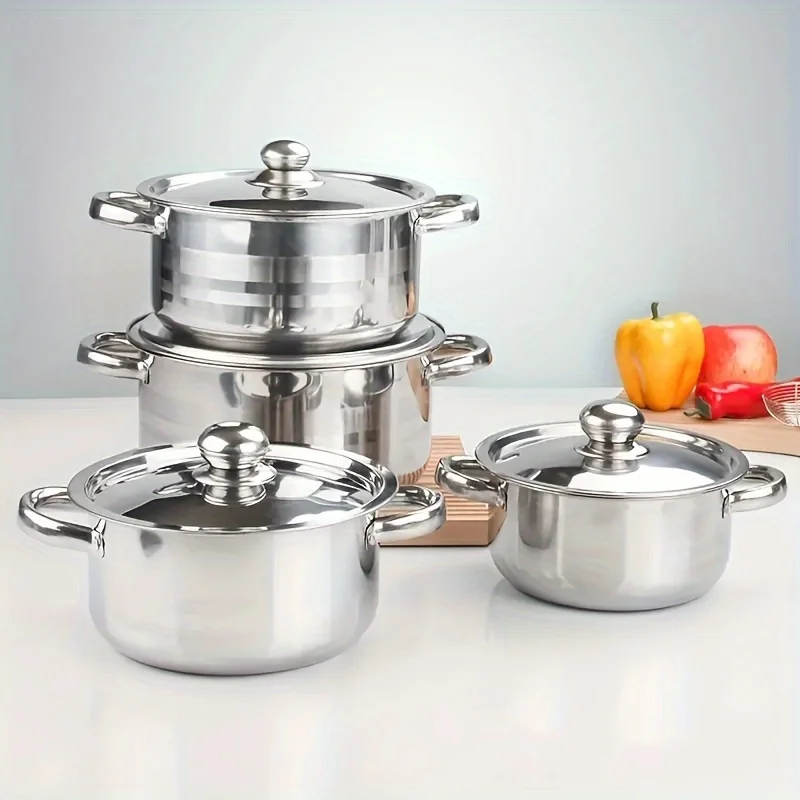 8pcs/set 410 Thickened Stainless Steel Pots, With 4 Pots And 4 Pot Lids, Diameter 7.87/8.27/9.45/10.24inch, Camping Supplies