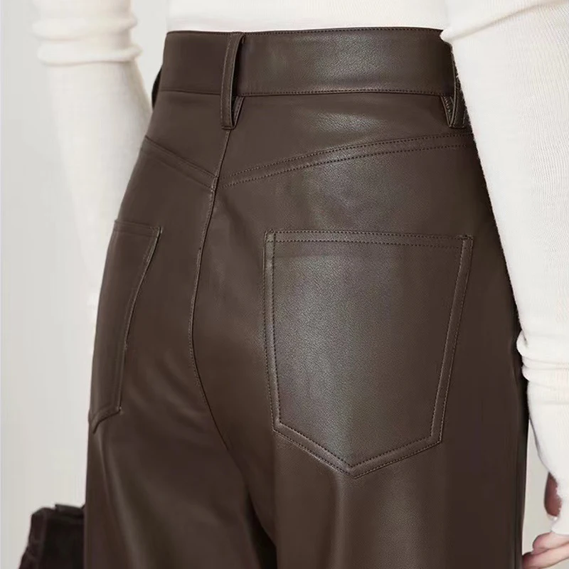 Genuine Sheepskin Leather Pants for Women Casual Loose Wide Leg Pants 2024 New Chic Lady Brown High Waist Ankle-Length Trousers