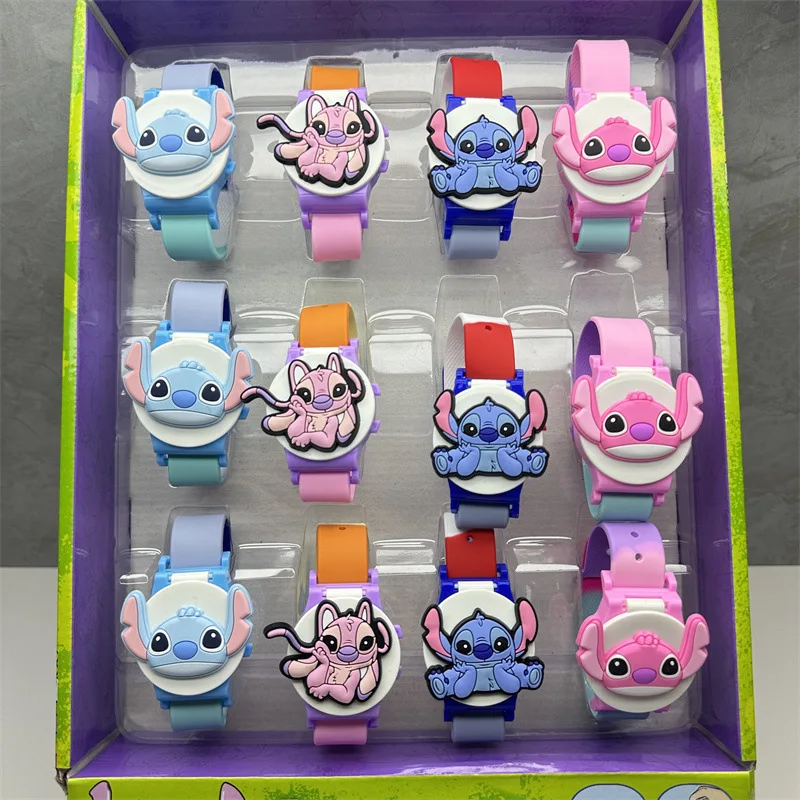Disney Cartoon Wristwatches for Children Blue Stitch Watch for Kids Flip Cover  Silica Gel Watches 4PCS Set Blue Pink Purple