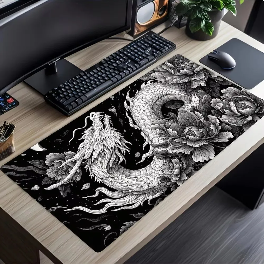 White Dragon Red Peony Mouse Pad Xxl Office Carpet Table Mat Desk Accessories Deskpad Gaming Rug Desk Decorating Items Pc Decor
