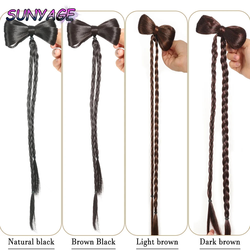Sunyage peruca sintética massa frita torções trança clipe envoltório bola cabeça imitação trança dupla rabo de cavalo trança arco boxe trança