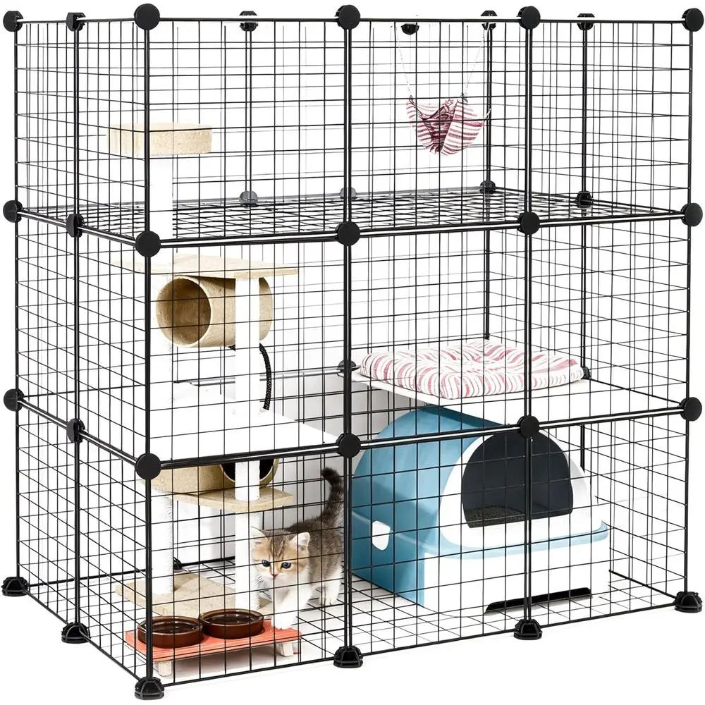 

Extra Large 3x3x2 Grid Indoor Cat Enclosure with Multi-Level Shelves - Black Wire Metal Cage (Approx. 43.7 x 29.5 x 43.3)