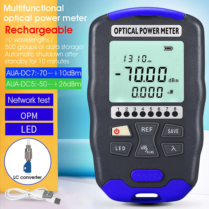 

Mini Optical Power Meter AUA-DC7/DC5 OPM Fiber Optical Cable Tester -70~+10/-50+26dbm SC/FC/ST Universal Port Rechargeable