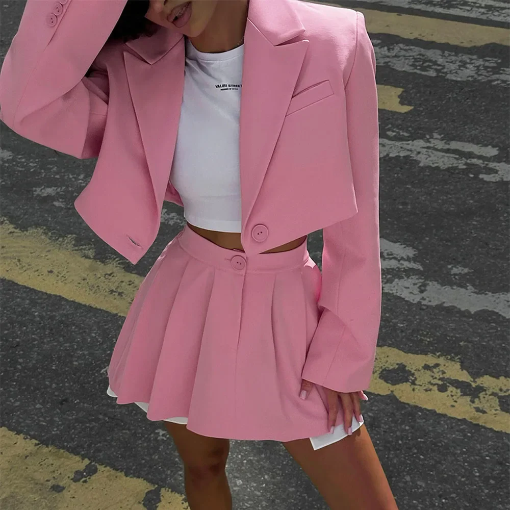 Talenza Fall Suit Skirt Suit Women's Solid Lapel Button Blazer Patchwork Pleated Skirt 2 Piece Skirt Suit Streetwear Women's Y2k