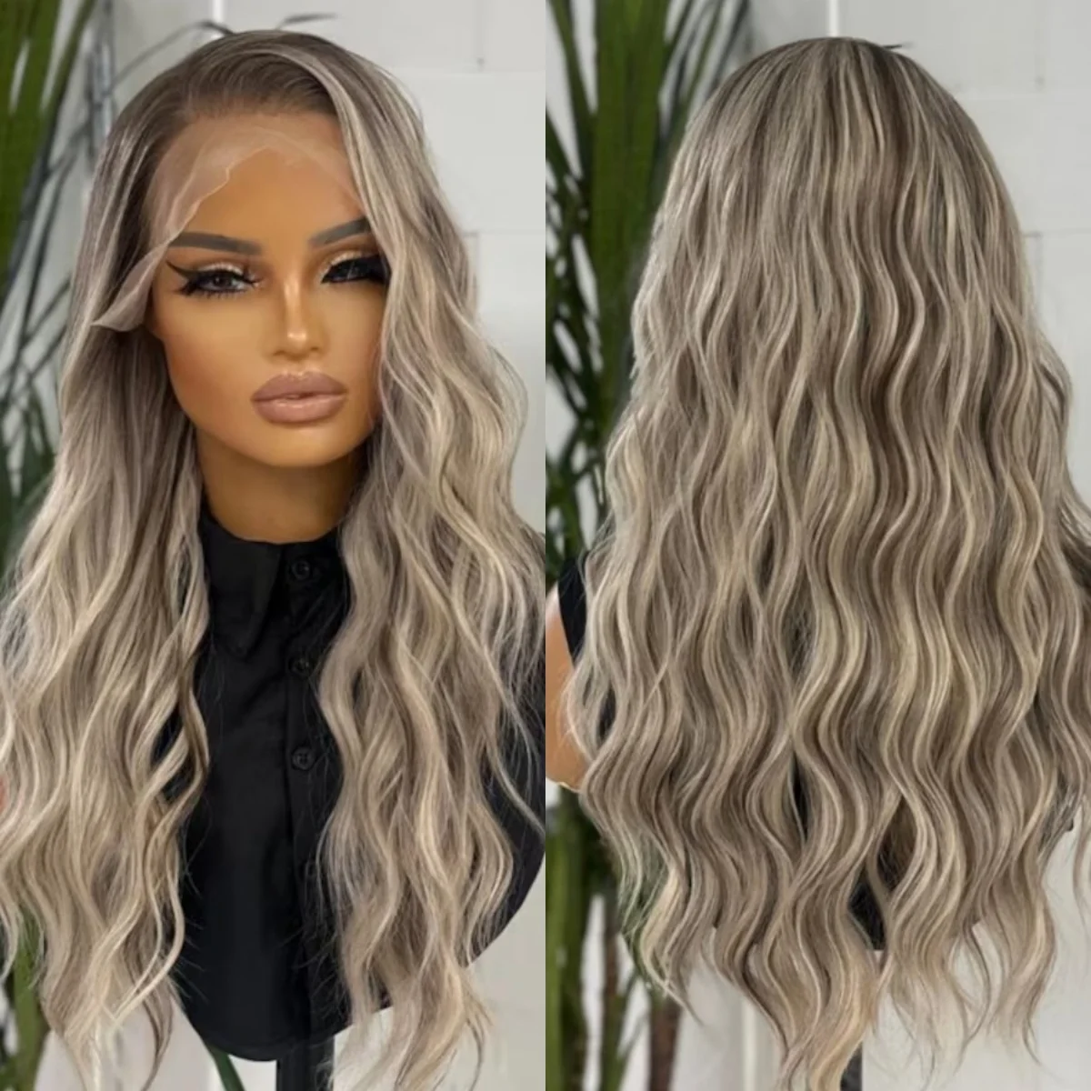 

Выделите Ombre Платиновый Блондин Парики Длинные Глубокие Волны Парики Фронта Шнурка Женские 13*4 Прозрачные Парики Шнурка Термостойкое Волокно