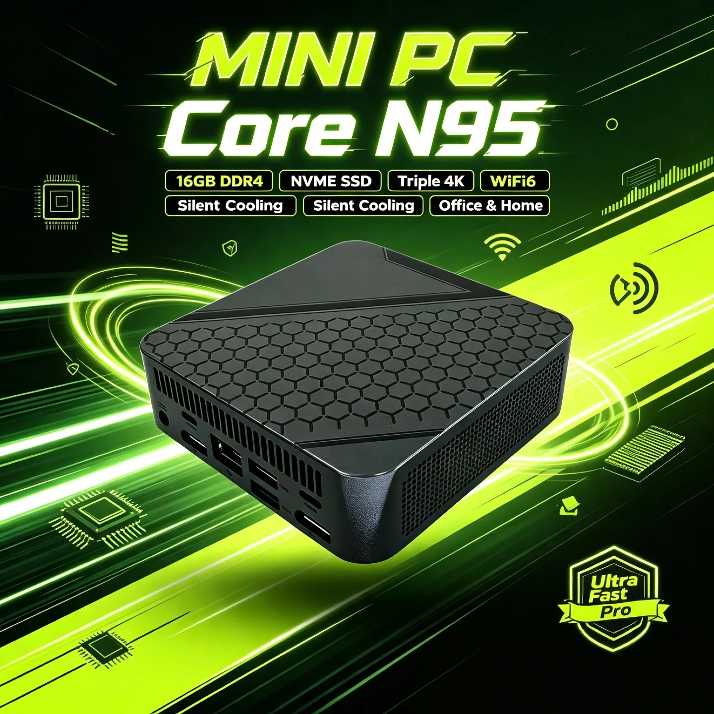 Office Home Computer Ultra Fast Pro Intel N95 Mini Desktop PC 16GB DDR4 NVMe SSD Triple 4K WiFi6 Silent Cooling