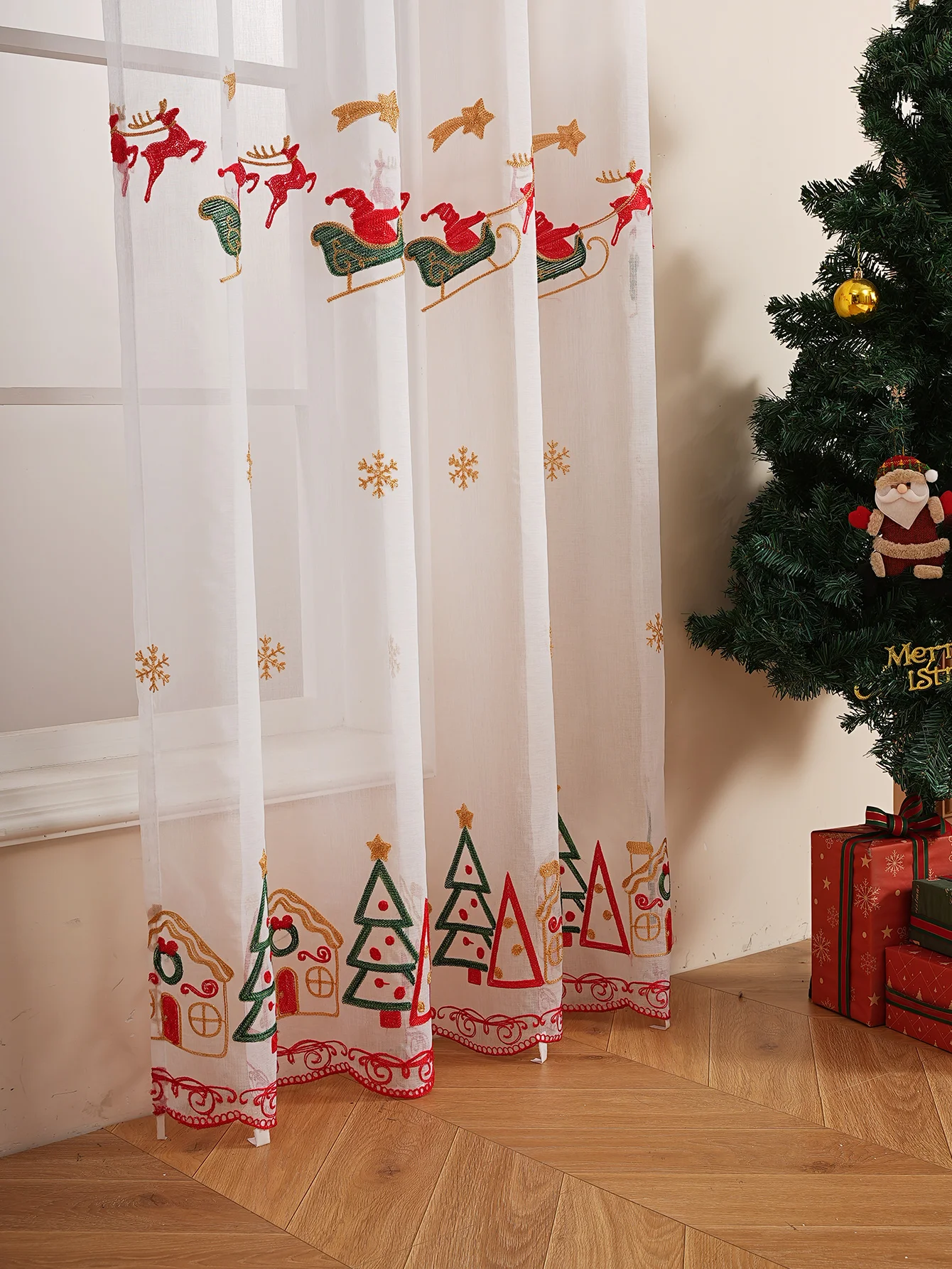 1 قطعة عيد الميلاد الرنة مزلقة المطرزة تول القطب الستار لغرفة المعيشة غرفة نوم عطلة ديكور الحفلات #4