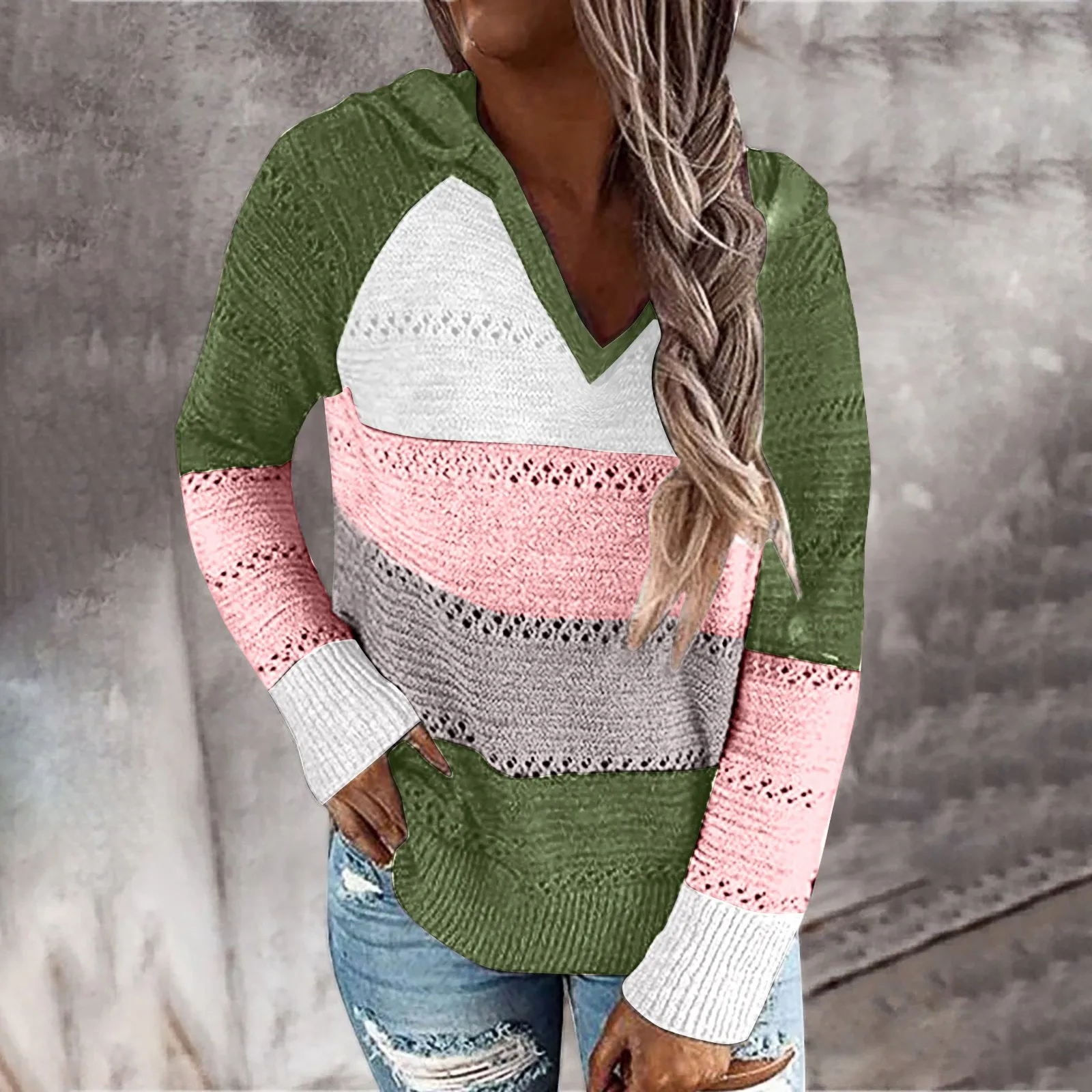 Women\'s Fashion Versatile Sweater Women\'s Long Sleeve Patchwork Hooded Sweater Top Autumn and Winter Thickened Sweater Top