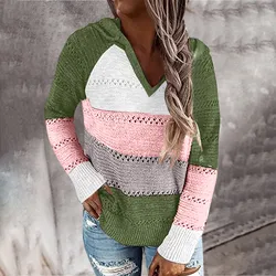 Women's Fashion Versatile Sweater Women's Long Sleeve Patchwork Hooded Sweater Top Autumn and Winter Thickened Sweater Top