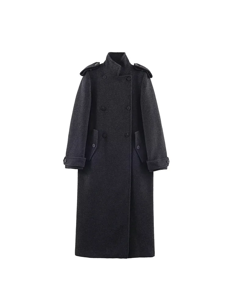 

2025 Women Winter Wool Blends Coats Fashion Solid Stand Collar Double Breasted Female Elegant Street Outerwear Clothing
