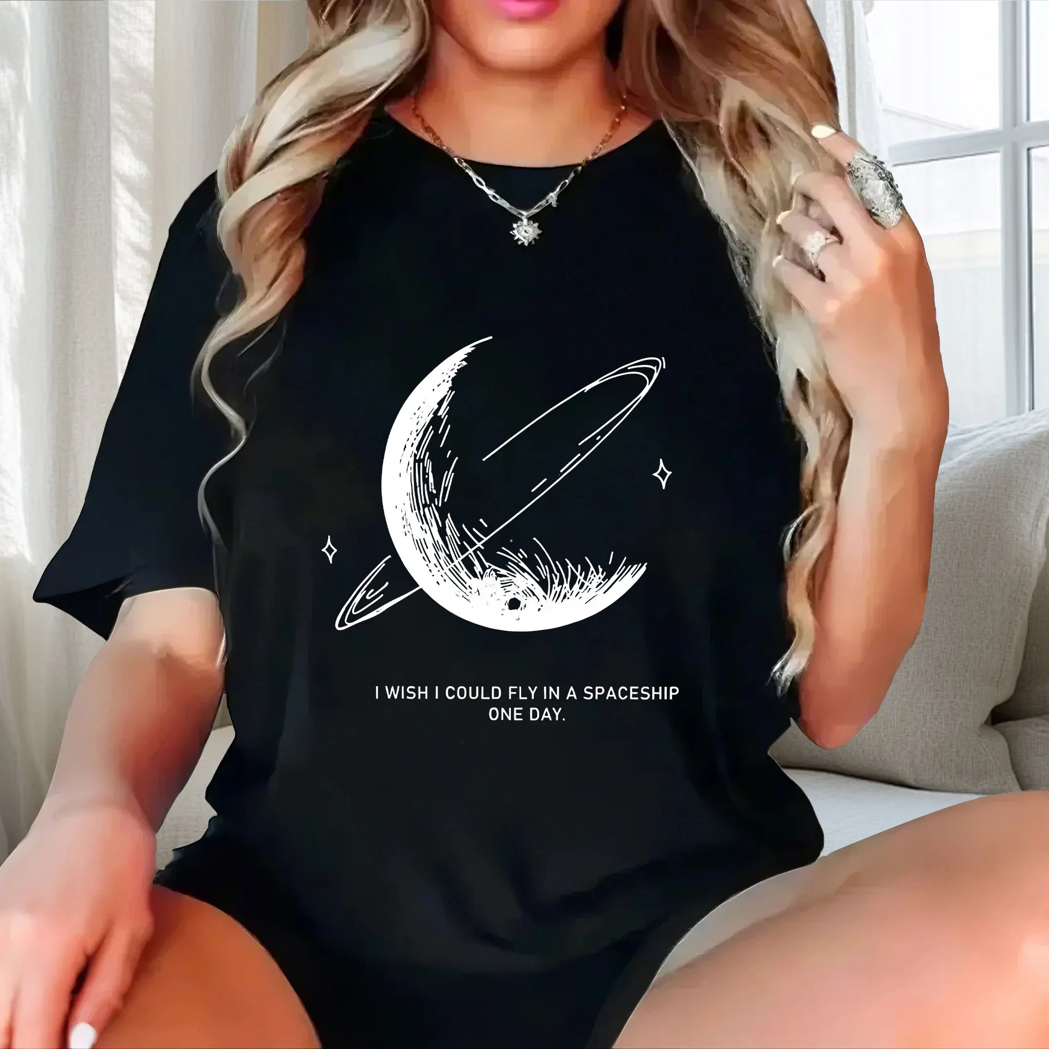 

English+Moon Pattern Print plus size Ladies' casual short sleeved T-shirt black
