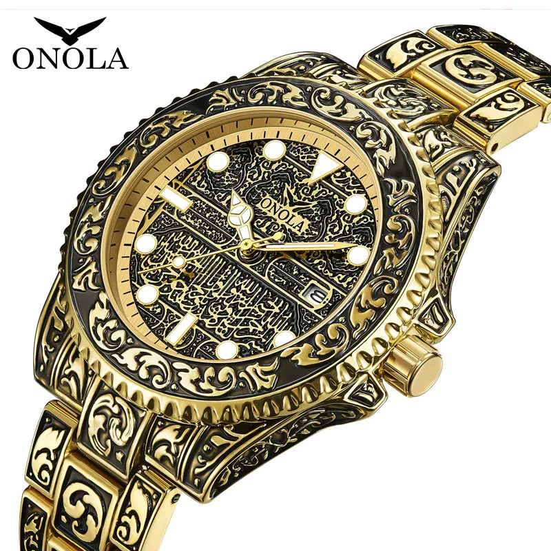 ONOLA brand vintage watch man waterproof Original steel band wristwatch fashion casual luxury gold mens watch relogio masculino