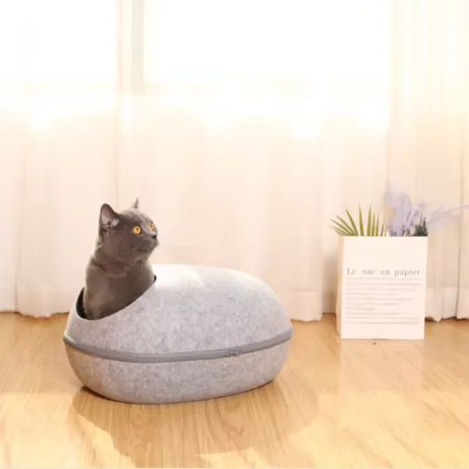 Pawise Multi Functional Indoor Hollowed-Out Wool Felted Cat Cave Bed With Zipper Egg Shaped Semi-Enclosed Pet Nest Bed Cat House