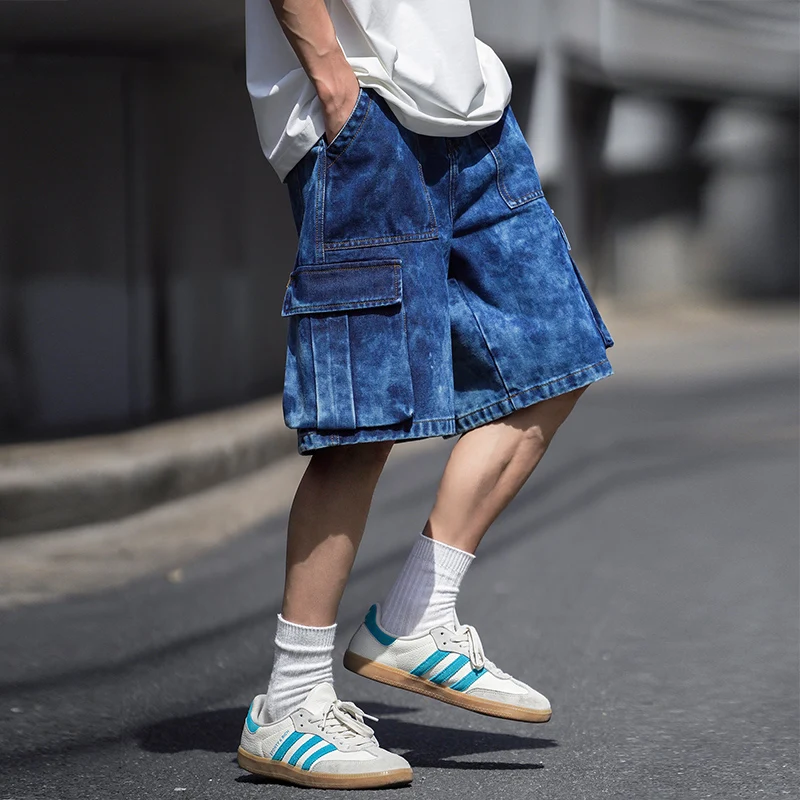 

Fashion Summer Denim Shorts Men's Hip-hop Streetwear Stained Casual Cargo Shorts Washed Vintage Trendy Loose Short Jeans