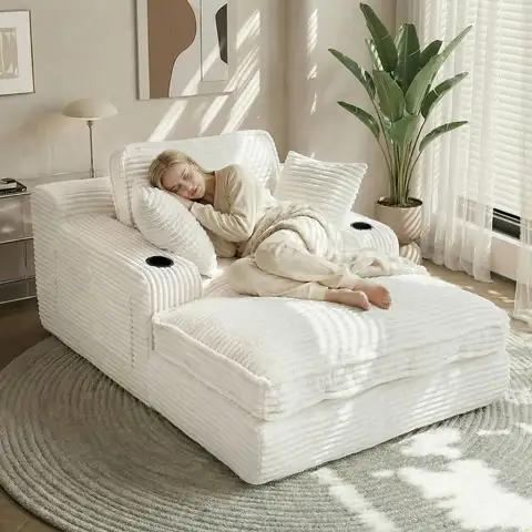 67 Oversized Indoor Chaise Lounge Chair with Cloud Comfort, 3 Pillows, 4 Side Pockets, 2 Cup Holders, Corduroy Sleeper Couch for