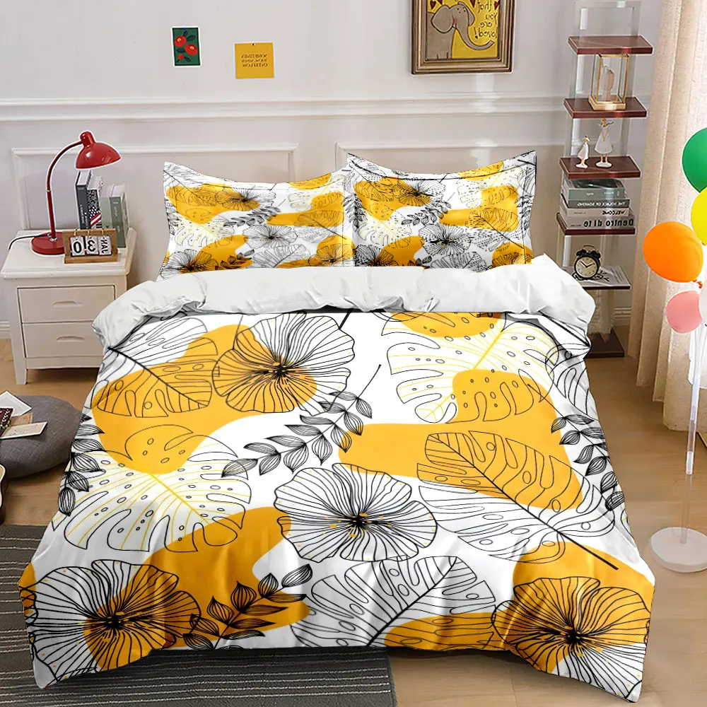 Hand-drawn tropical plants and flowers Duvet Cover Set with 3D Printing Design Soft Polyester Bedding Set All-Season Comfort