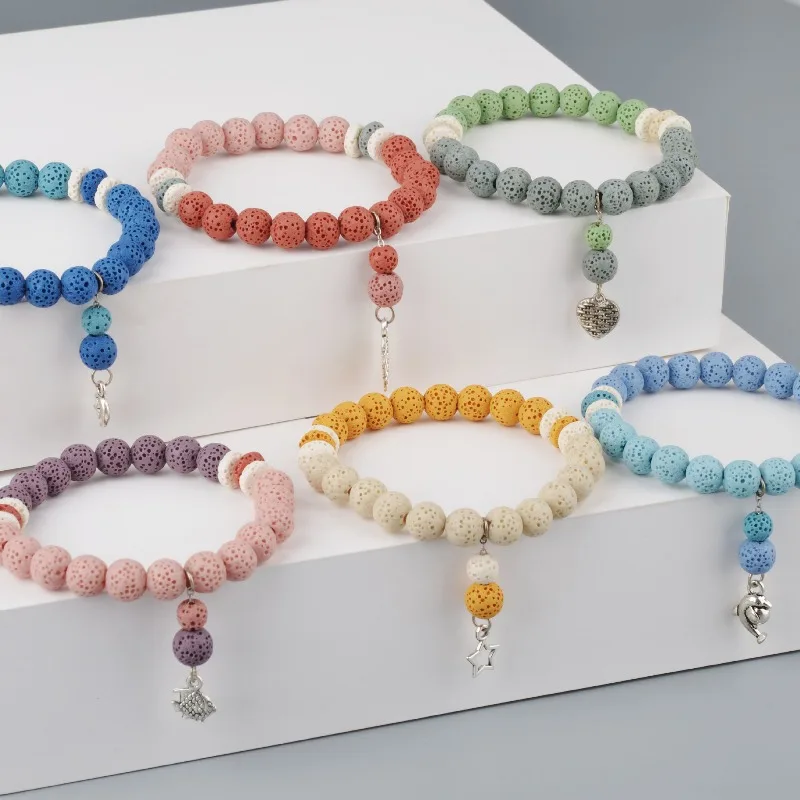 6pcs/ Lot Colorful Lava Stone Beads Bracelet Set Handmade Strand DIY Perfume Essential Oil Diffuser Jewelry for Women Gift